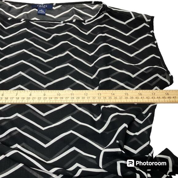 Chaps Womens SZ S Chevron Black & White Top Sheer Asymmetrical Hem Bow At Waist - Picture 9 of 14